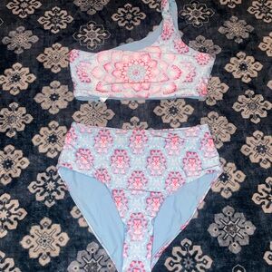 One-Shoulder Blue and Pink Bikini Set